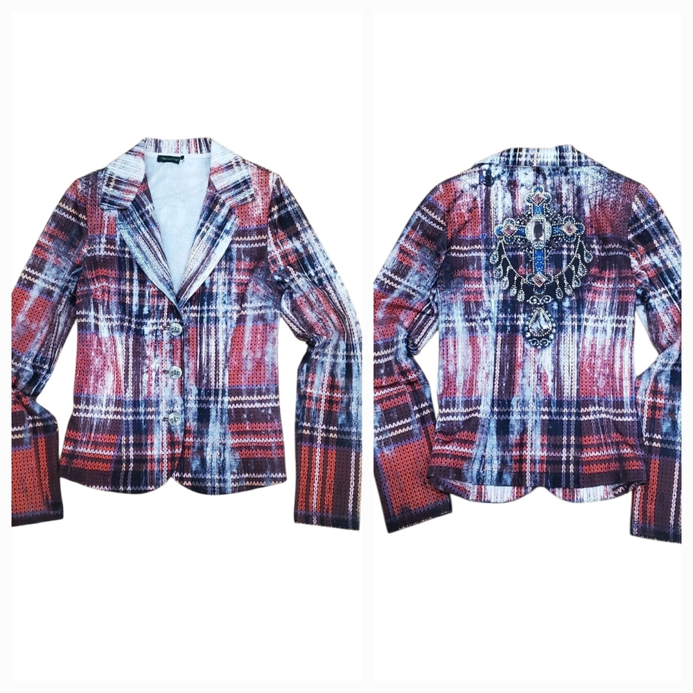 Tricotto Faux Distressed Plaid Knit Printed Blazer Jacket Back Rhinestone Design